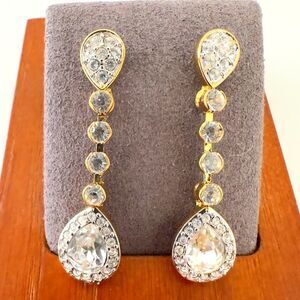 Signed Swarovski Crystal Gold tone Round Pear shape Dangle Drop Earrings
